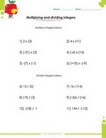 Multiplication and division of algebraic expressions with integers worksheet with answers, printable activities, puzzles, quizzes