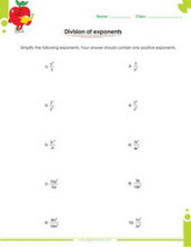 Exponent division law, dividing numbers with exponents worksheet