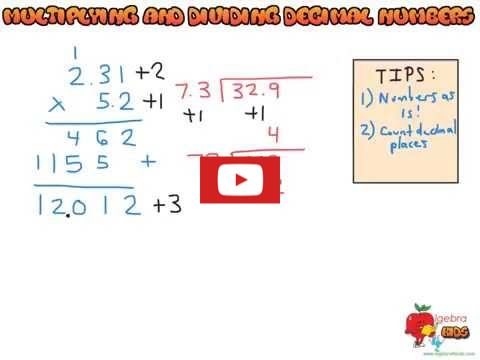 Multiplying and dividing decimal numbers video tutorial, multiply and divide decimal numbers worksheets, games and quizzes
