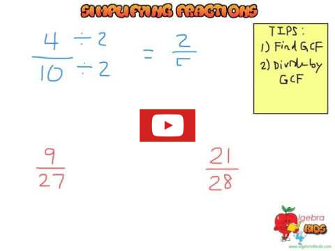 Fractions simplifiation video tutorial for students, learn how to simplifying fractions using the GCF method